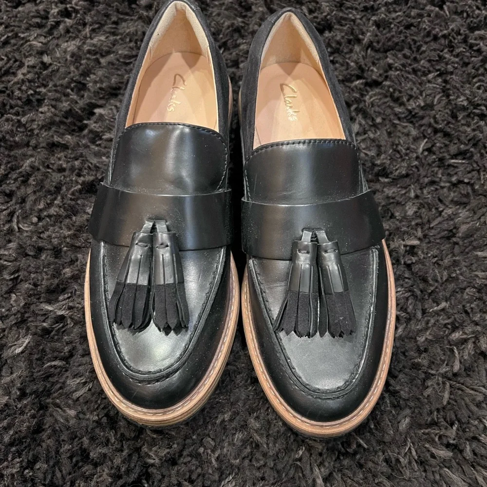 Clarks Black Leather Tassel Loafers
